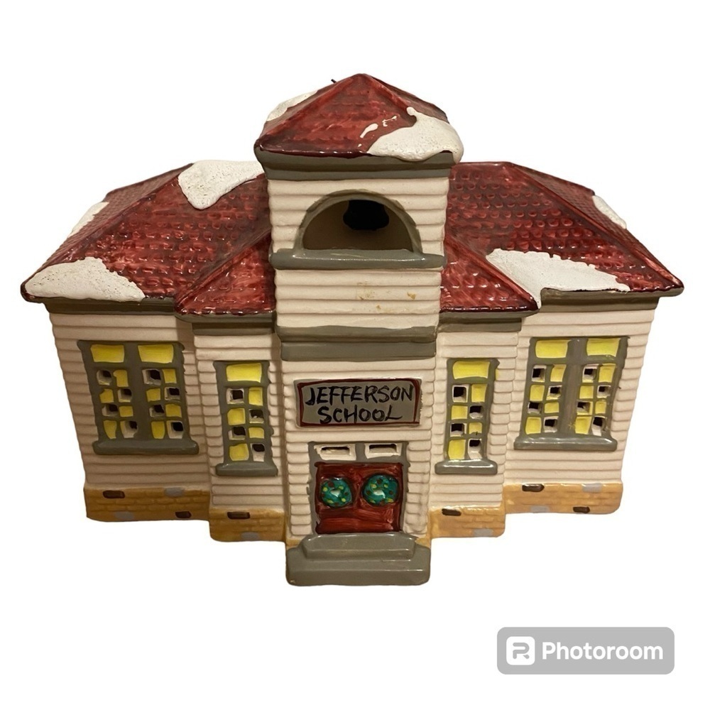 Vintage Department 56 Jefferson School Ceramic House Snow Christmas Village